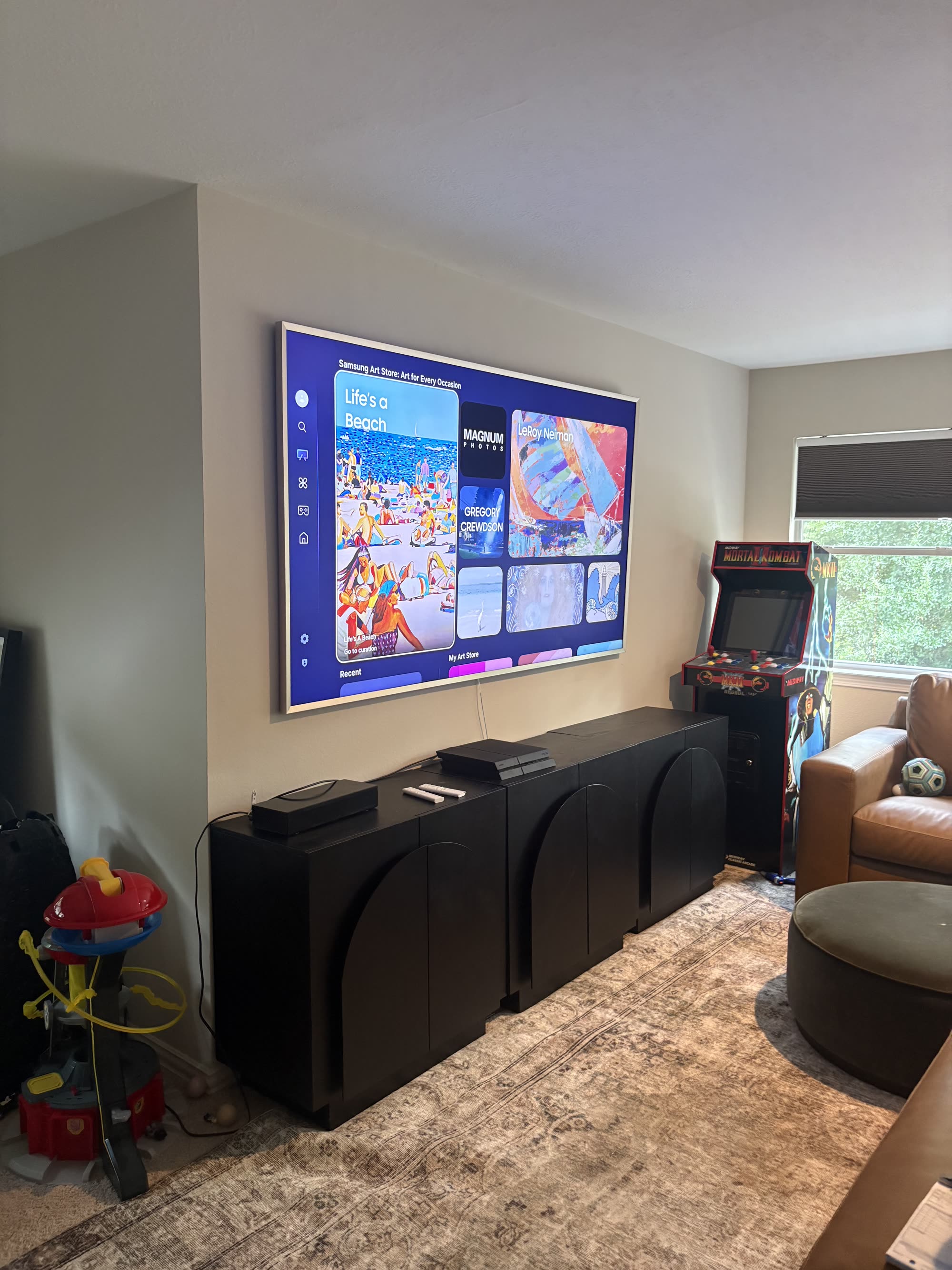 Samsung Frame TV mounted above media console